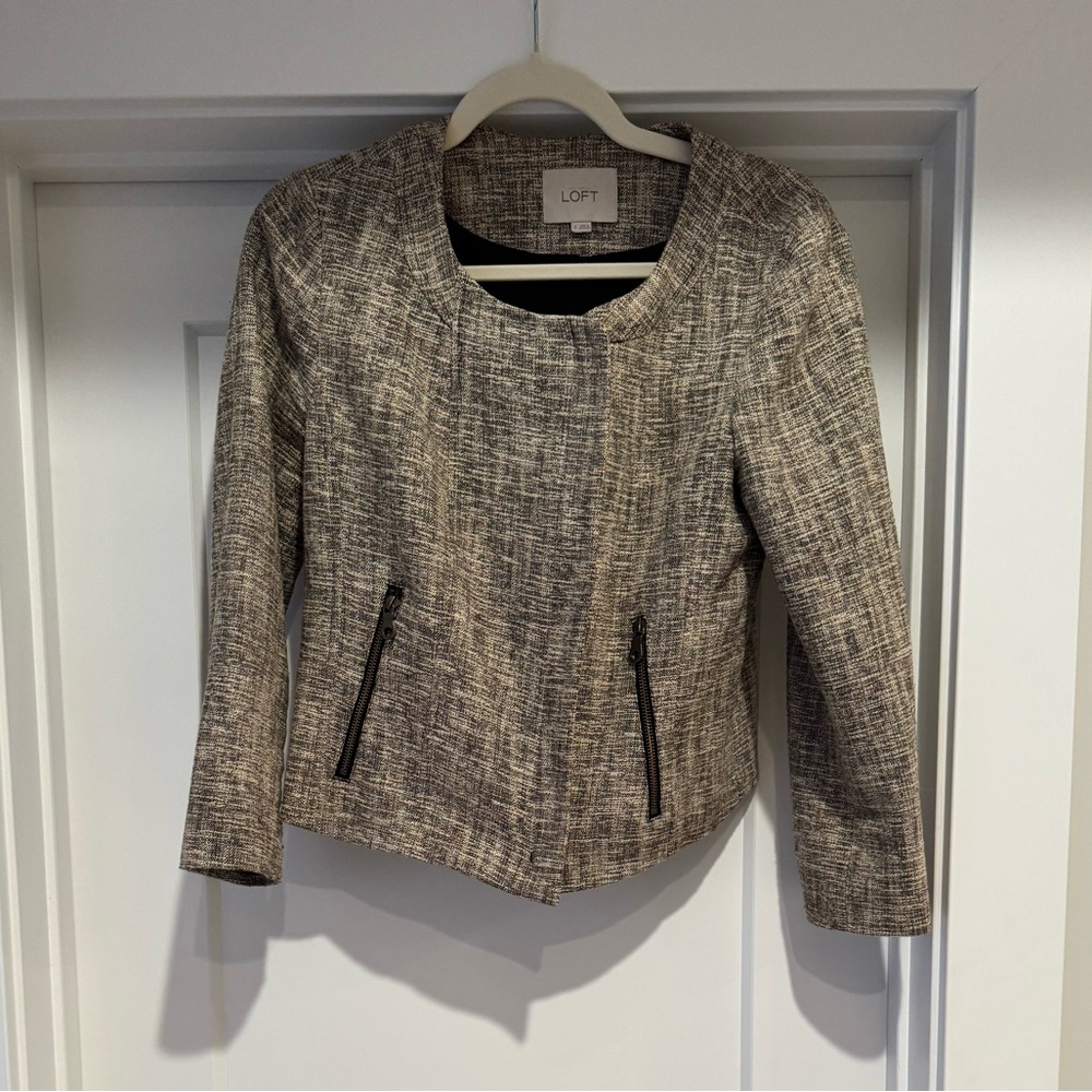 LOFT Khaki Tweed Asymmetrical Zip Blazer